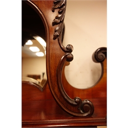  Late Victorian mirror back side cabinet, shell carved pediment above four bevelled glass panels, turned supports, reverse break front, three drawers, two cupboards, cabriole supports connected by shaped undertier, W139cm, H240cm, D42cm  