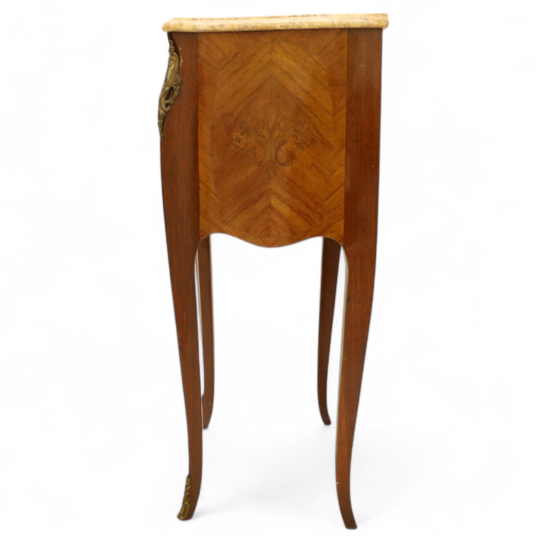 Pair of Louis XV style kingwood and marquetry bedside cabinets, the serpentine sienna marble top above two bombe fronted drawers with rococo style bronze handles and masks on slender cabriole legs terminating in bronze sabots  