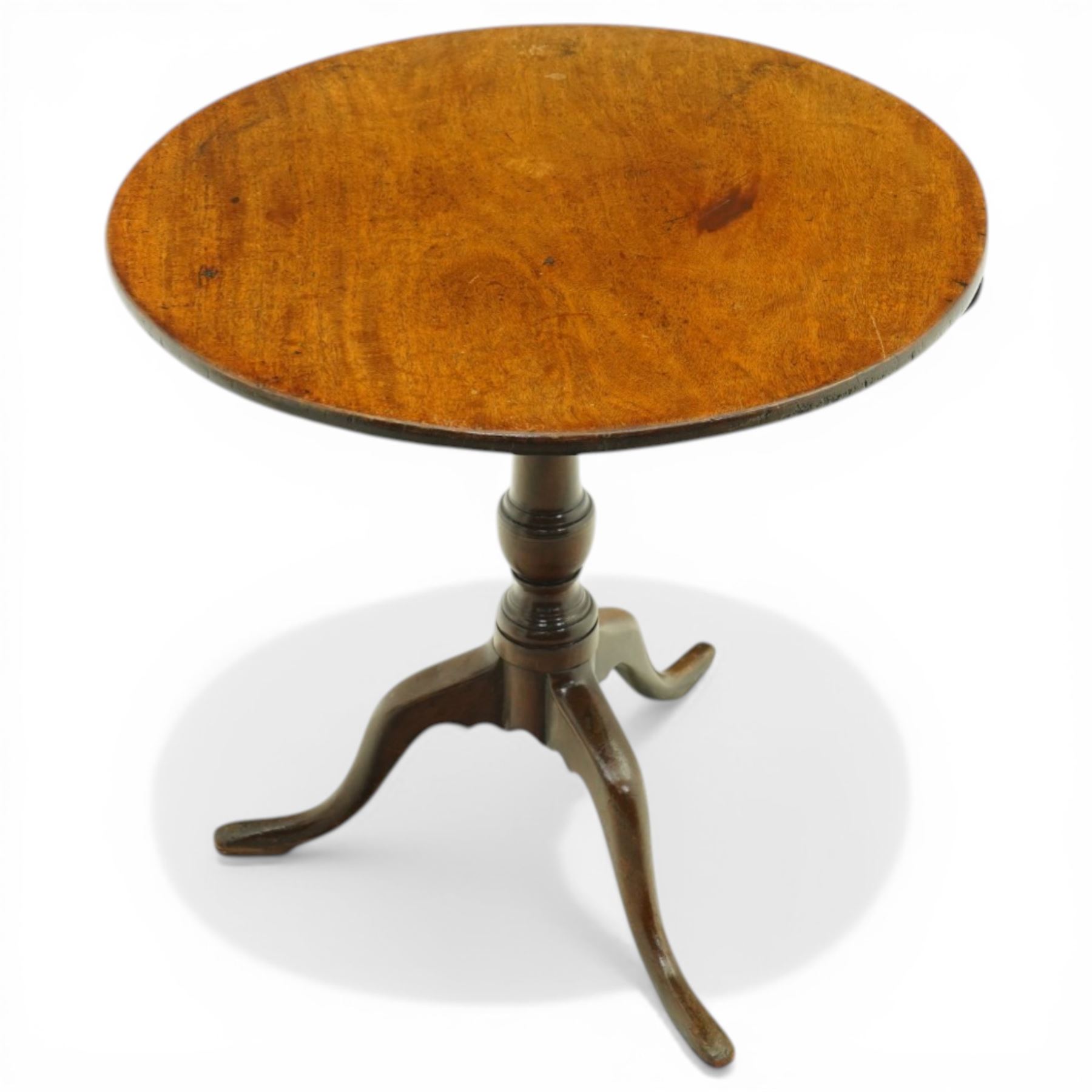 19th century mahogany circular tilt top occasional table, the dished top raised on a turned pedestal with three cabriole supports, underside fitted with tilt mechanism