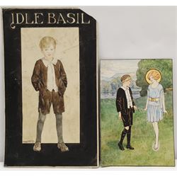 Carrie Solomon (British early 20th century): 'Idle Basil' and Young Boy and Girl, two watercolour illustrations, one signed and dated '16, the other signed with monogram 31cm x 18cm and 21cm x 14cm (2) (unframed)