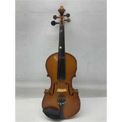 Four Chinese graduated violins - full size with 35.5cm two-piece back; three-quarter size with 33.5cm two-piece back; half size with 31cm two-piece back; and quarter size with 27.5cm two-piece back; all cased except full size; one with bow (4)