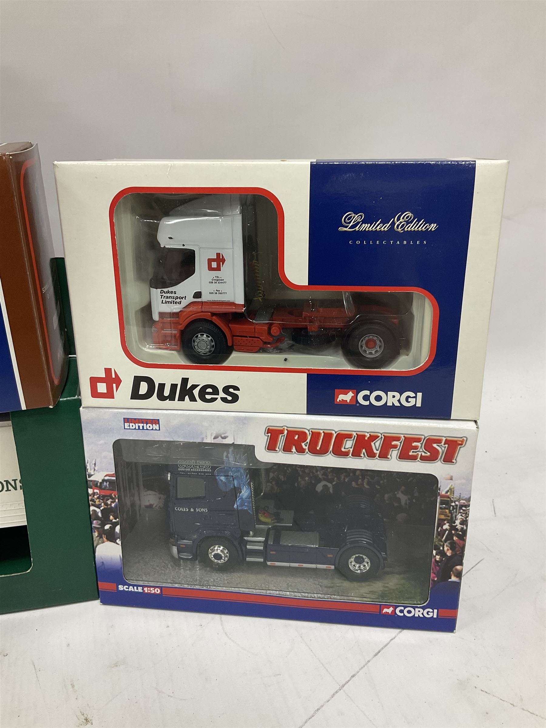 Corgi - nine limited edition die-cast heavy haulage tractor units including five Truckfest CC13223, CC13714, CC12817, CC12815 & CC13728; together with CC12214, CC12107, CC12904 & CC13210; and Morrisons promotional plastic delivery lorry; all boxed (10)