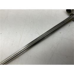 French Lebel Model 1886/93/16 bayonet with 52cm steel cruciform blade and brass hilt No.R22136; in steel tapering round scabbard numbered A62918 L65.5cm overall