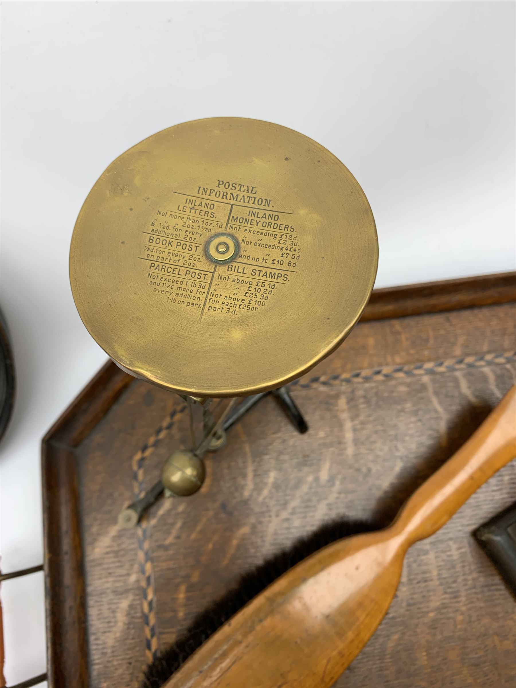 Antique postal scales, mother of pearl handled letter opener, twin handled tray with inlaid decoration and other miscellaneous items