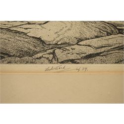 Philip Leslie Moffat Ward (British 1888-1978): 'The Langdales from Tarn Hows', monochrome etching signed titled and dated '54 in pencil 27.5cm x 35cm