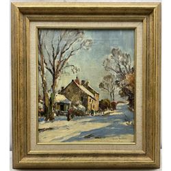 Owen Bowen (Staithes Group 1873-1967): Yorkshire Dales Cottages in the Winter Sunshine, oil on canvas signed 35cm x 30cm