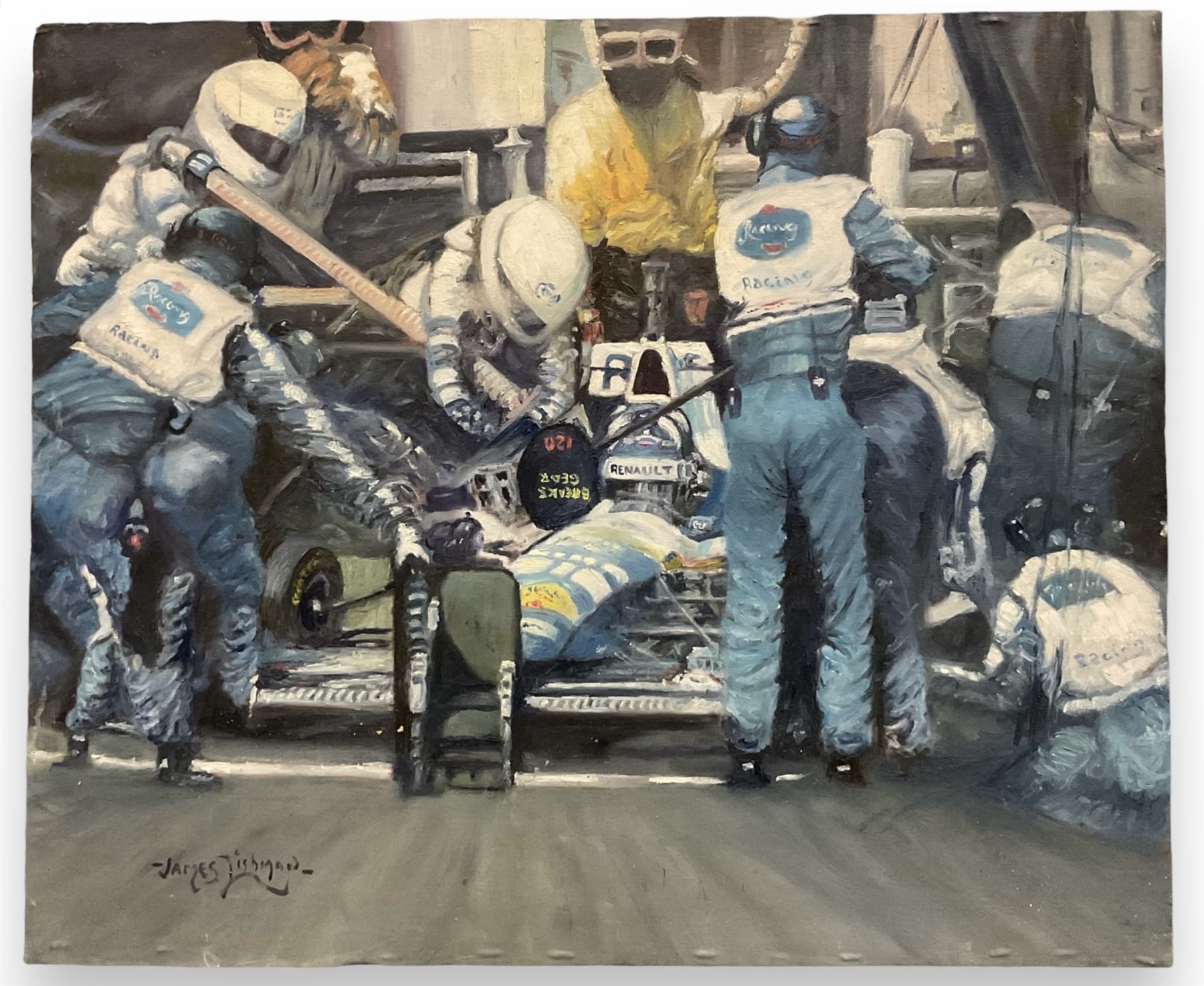 James Lishman (British 1931-2024): 'Pit Stop - Damon Hill World Formula 1 Champion 1996' and 'Rounding the Horn', two oils on canvas signed, titled and dated '97 verso 66cm x 79cm (2) (unframed)