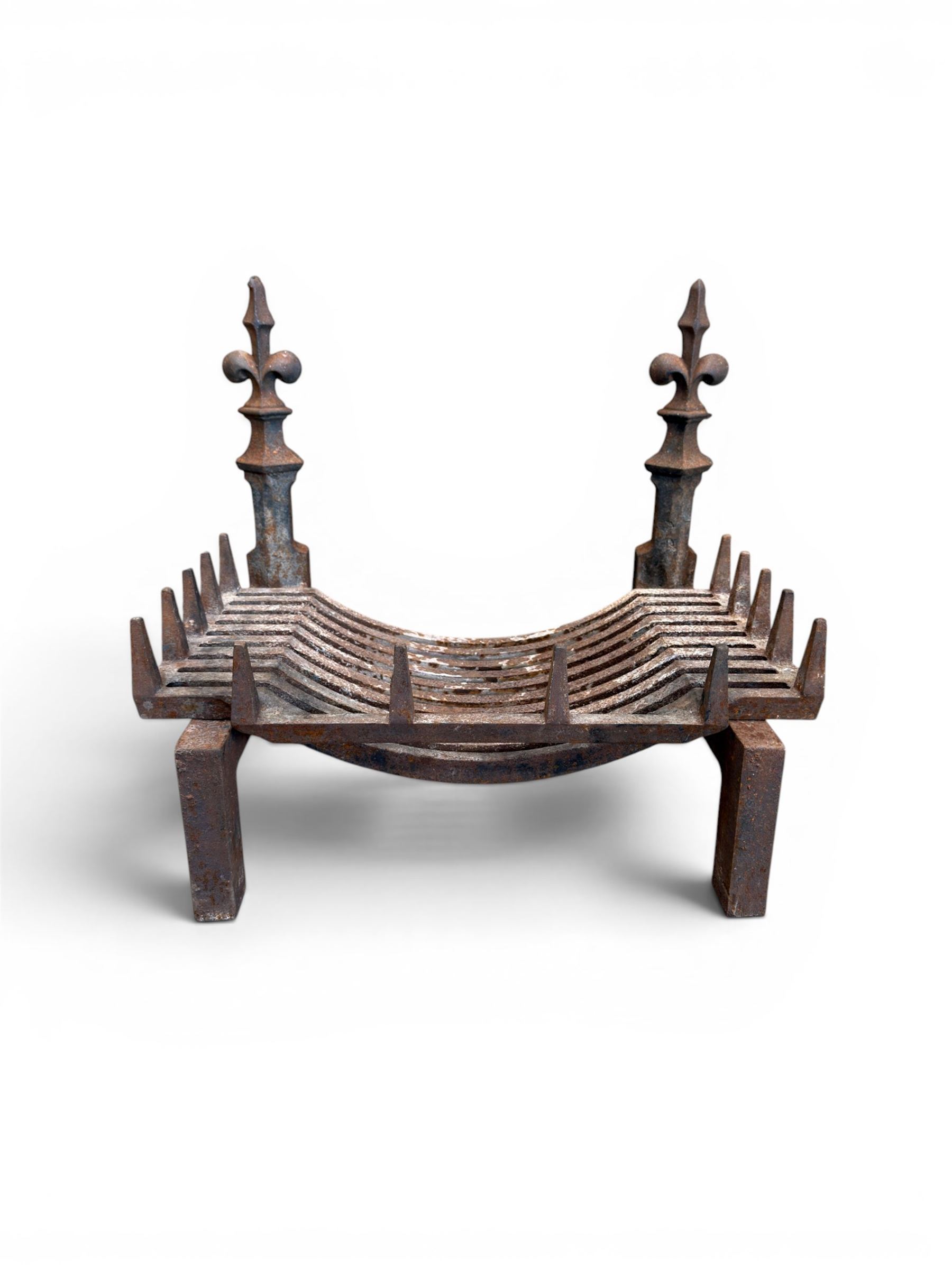 Victorian design cast iron fire grate with fire dogs, final over floral moulding and trefoil base