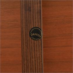 Frem Røjle - Danish teak 'Roundette' extendable dining table, circular top with softly chamfered edge and internal stowable leaf extends to 156cm, raised on four tapered cylindrical legs, accompanied by four matching dining chairs with shaped teak frames and black vinyl upholstered seats, the chairs designed to nest beneath the table when not in use