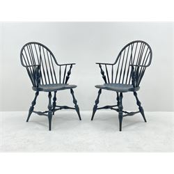 D.R. Dimes Furniture - set six American Windsor dining chairs, hoop and stick back on dished saddle seats, turned supports jointed by H stretchers, stamped underneath 'D.R.Dimes', two carvers and four side chairs