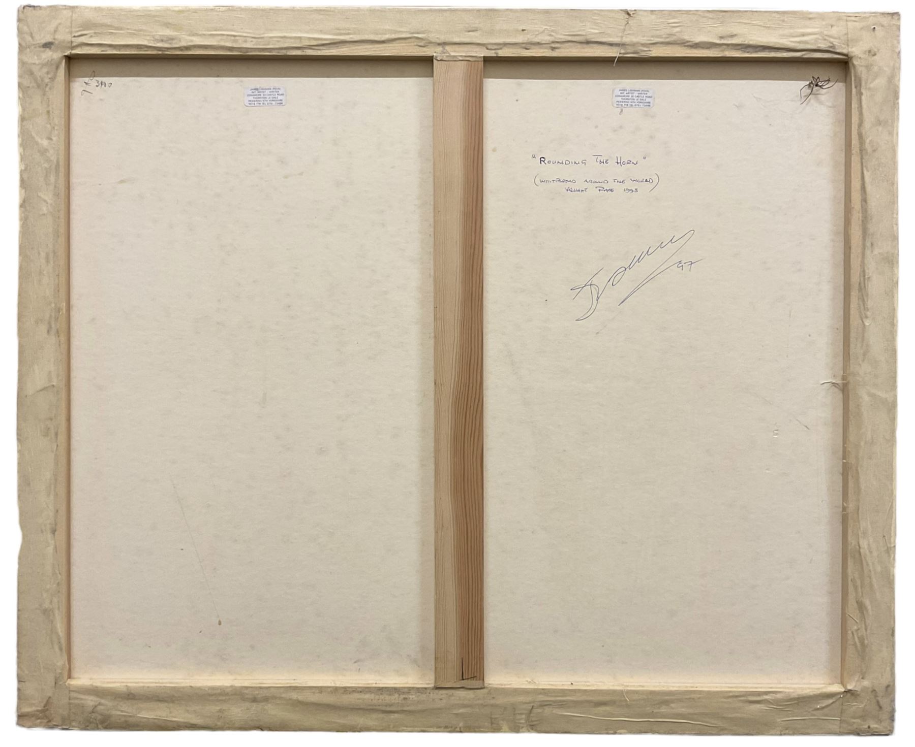 James Lishman (British 1931-2024): 'Pit Stop - Damon Hill World Formula 1 Champion 1996' and 'Rounding the Horn', two oils on canvas signed, titled and dated '97 verso 66cm x 79cm (2) (unframed)