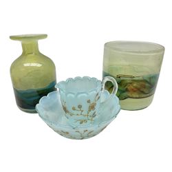 Mdina sea and sand glass vase, of cylindrical form, decorated in green, turquoise and brown, and matching vase, both unmarked together with a glass bowl and jug with gilt decoration 
