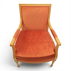 Pair of mid-20th century beechwood fauteuil armchairs, upholstered backrest and seat in terracotta velvet fabric, padded armrests with scroll detail, on tapered fluted supports with carved floral rosette blocks (very modern and not a desirable timber)