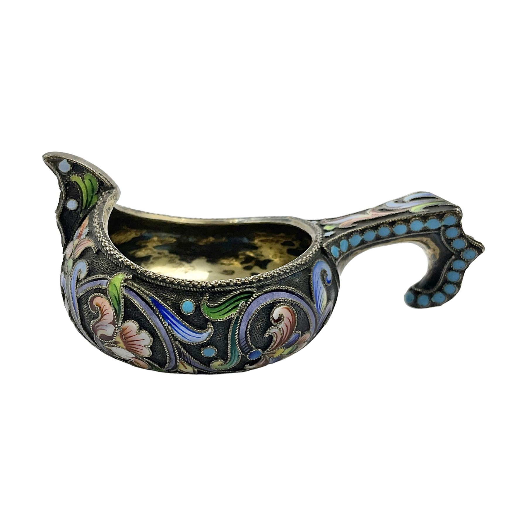 Late 19th century Russian silver kovsh, the body with polychrome cloisonne enamel floral decoration and turquoise enamel bead borders to base and handle, marked beneath with Kokoshnik mark, 84 standard, makers mark MC, possibly for Mikhail Fyodorovich Sokolov, L7cm, H3cm