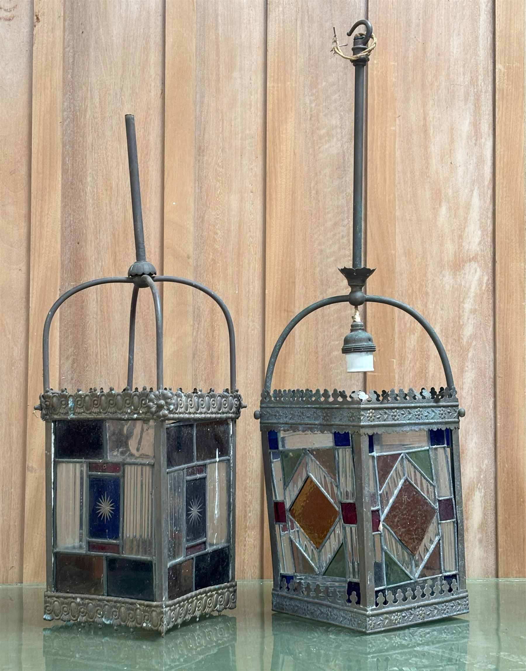 Two early 20th century hall lanterns, gilt metal frames enclosing stained glass panels, larger H80cm - COLLECTION BY APPOINTMENT FROM: The White House, Thirsk Road, Easingwold, York, YO61 3NF - CALL 01723 507111 TO ARRANGE