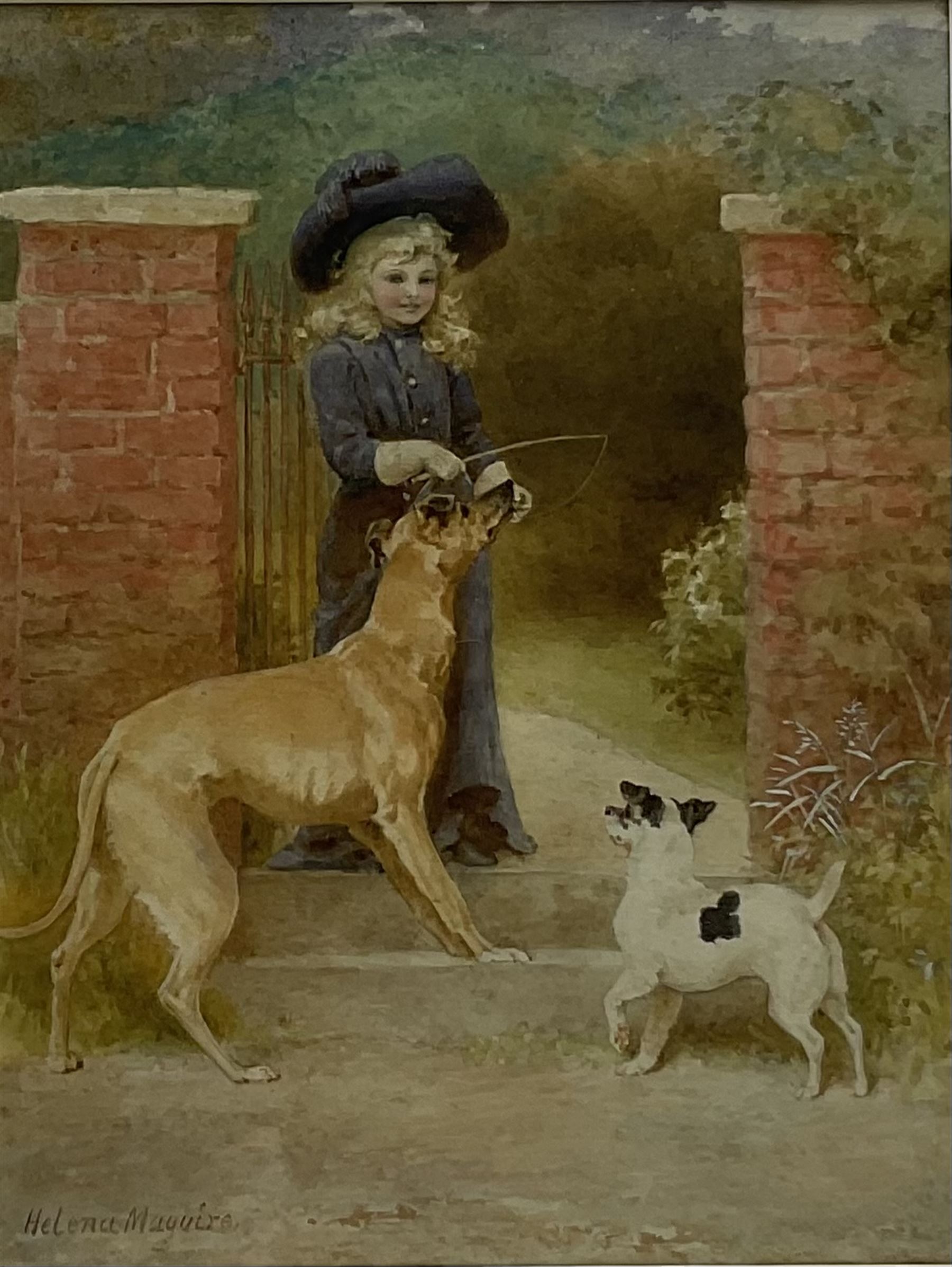 Helena Maguire (British 1860-1909): Girl at the Garden Gate with Two Dogs, watercolour signed 28cm x 21cm