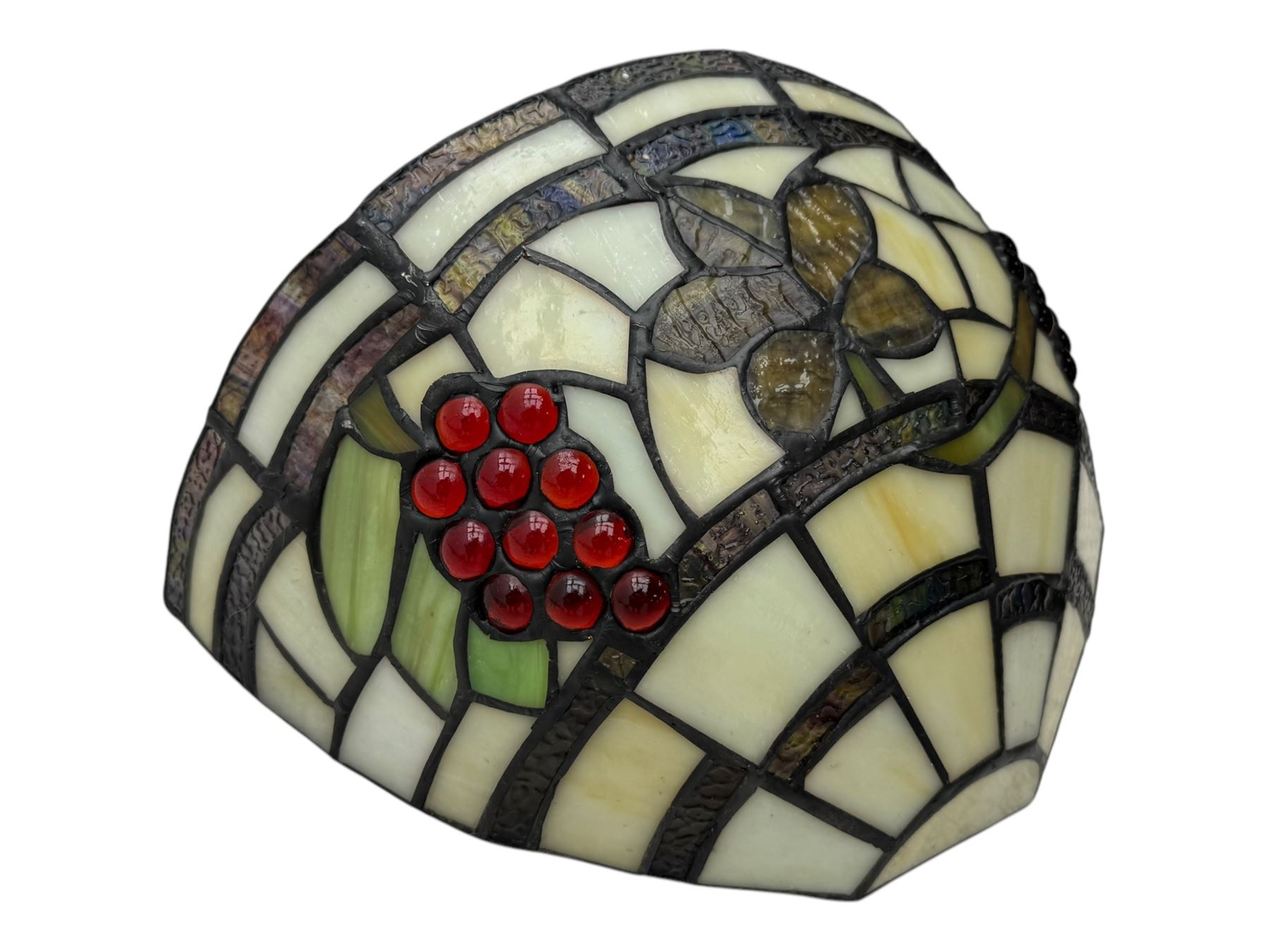 Collection of Tiffany-style light shades, to include six bowl-shaped wall-mounted fittings with floral and berry motifs and three ceiling-mounted light shades