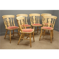  Set six beech farmhouse style chairs shaped and pierced splat, upholstered seats, turned supports  