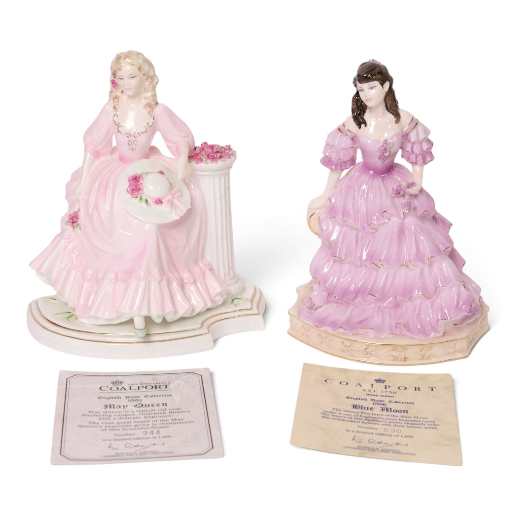 Two Coalport figures from the English Rose Collection, 1996 Blue Moon 690/1000 and 1992 May Queen 944/1000, both with certificate