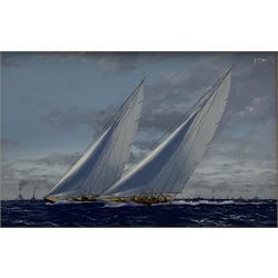 James Miller (British 1962-): Big Class Yachts - 'Endeavour and Rainbow' - America's Cup 1934, oil on canvas signed, titled verso 28cm x 43cm