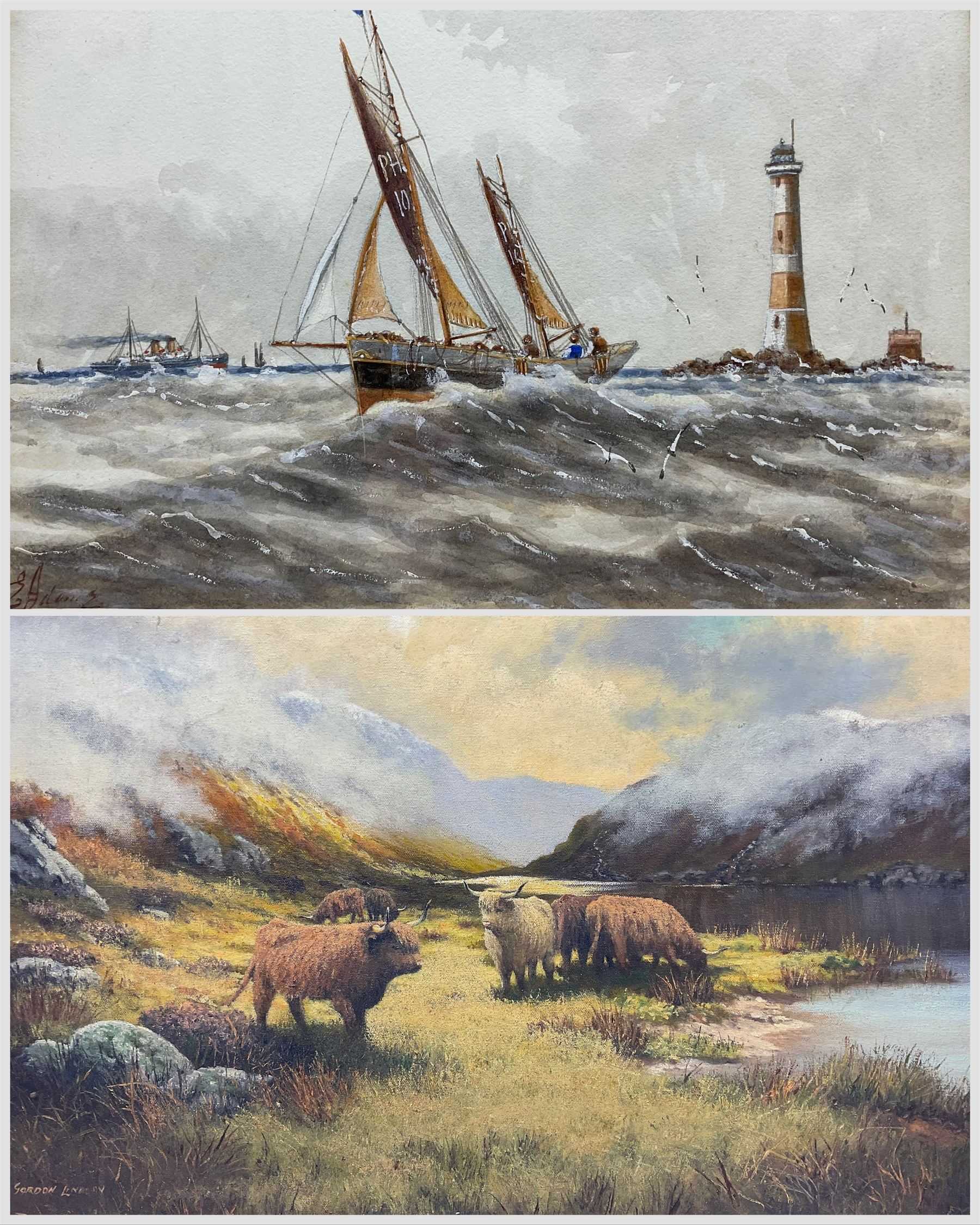 E Adams (British 19th/20th century): Plymouth Boats, watercolour signed 18cm x 27cm; Gordon Lindsay (British 1936-2005): Highland Cattle, oil on canvas signed 45cm x 60cm (2)