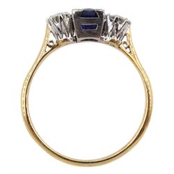 Gold three stone oval sapphire and round brilliant cut diamond ring, stamped 18ct & Plat, sapphire approx 0.65 carat, total diamond weight approx 0.50 carat