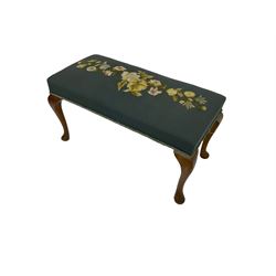 20th century beech rectangular stool, upholstered in blue fabric with raised needle work floral pattern