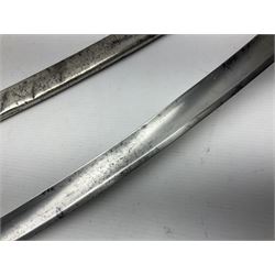 19th century Russian Imperial Navy sword, with 77.5cm curving fullered blade, brass three-bar hilt with lozenge shaped langets and wire-bound leather grip; in polished steel scabbard with one suspension ring L97cm overall