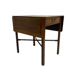 George III mahogany Pembroke table, rectangular drop leaf top with satinwood band, fitted with single deep drawer, square moulded supports joined by x-framed stretchers
