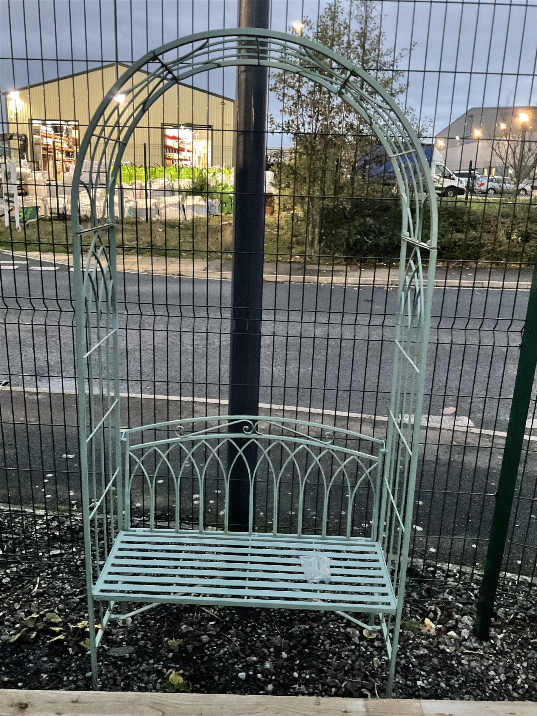 Washed green finish metal garden arbour bench, arch trellis top - THIS LOT IS TO BE COLLECTED BY APPOINTMENT FROM DUGGLEBY STORAGE, GREAT HILL, EASTFIELD, SCARBOROUGH, YO11 3TX