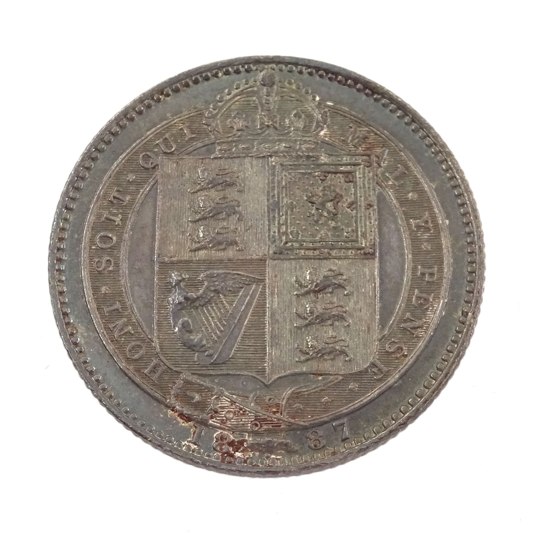 Queen Victoria 1887 specimen coin set, comprising gold half sovereign, sovereign, two pounds and five pounds, silver threepence, sixpence, shilling, florin, halfcrown, double florin and crown, housed in purple velvet case
