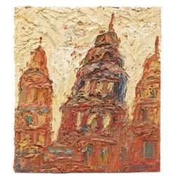 Barry De More (Yorkshire 1948-2023): Urban Landscape from Below - possibly St Paul's Cathedral, oil on board unsigned 31.5cm x cm (unframed)
Provenance: consigned by the artist's widow