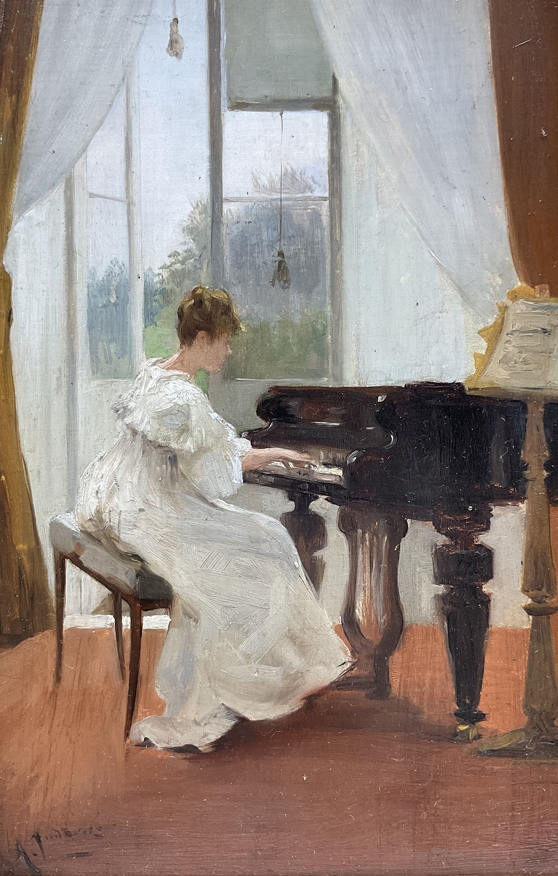 Albert Ludovici Jnr. (British 1852-1932): The Piano Recital, oil on panel signed 24cm x 16cm