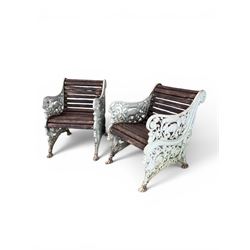 Pair of unusual Victorian revival heavy cast iron garden chair benches, ornate scrollwork detail with squirrels and nature, serpentine wood slatted seat and back - design by George Smith at the Sun Foundry, Glasgow