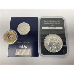 The Royal Mint United Kingdom 2021 brilliant uncirculated annual coin set in card folder, Bailiwick of Guernsey 2021 'Mr Benn' fifty pence coin collection in card folder, United States of America 1889 silver Morgan dollar, part filled coin folders etc

