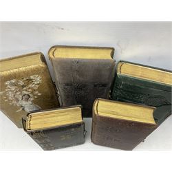 Victorian photograph album with ornately gilded and hand painted covers and brass clasp, partially stocked with Victorian and later portraits etc; another well stocked Victorian leather bound photograph album relating to the Cawood family; three other Victorian leather bound photograph albums; and small quantity of stereoscopic cards