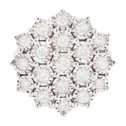 18ct white gold diamond cluster ring, nineteen illusion set round brilliant cut diamonds, ...