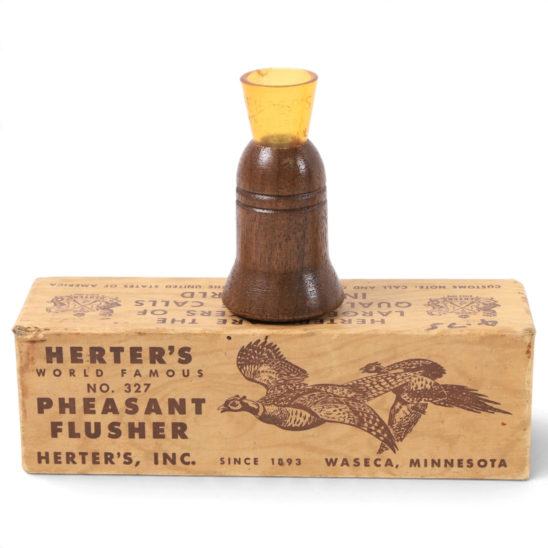 Three Herter's World Famous bird calls, comprising Pheasant Flusher, Self Blowing Duck Call and Numara Goose call, all boxed