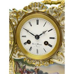 A continental porcelain mantle clock with a French striking movement c1820, rectangular case with raised gilt rococo decoration and carrying handle, hand painted panel to the front portraying a picturesque lakeside scene and courting couple, contrasting light green background with raised gold decoration to the sides and a depiction of love birds within a scrollwork cartouche, white enamel dial with a cast brass bezel, Roman numerals, minute track and steel trefoil hands, dial inscribed Henry Marc, Paris, eight-day countwheel movement with a silk suspension, striking the hours and half hours on a bell. 

