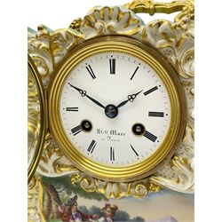 A continental porcelain mantle clock with a French striking movement c1820, rectangular case with raised gilt rococo decoration and carrying handle, hand painted panel to the front portraying a picturesque lakeside scene and courting couple, contrasting light green background with raised gold decoration to the sides and a depiction of love birds within a scrollwork cartouche, white enamel dial with a cast brass bezel, Roman numerals, minute track and steel trefoil hands, dial inscribed Henry Marc, Paris, eight-day countwheel movement with a silk suspension, striking the hours and half hours on a bell. 

