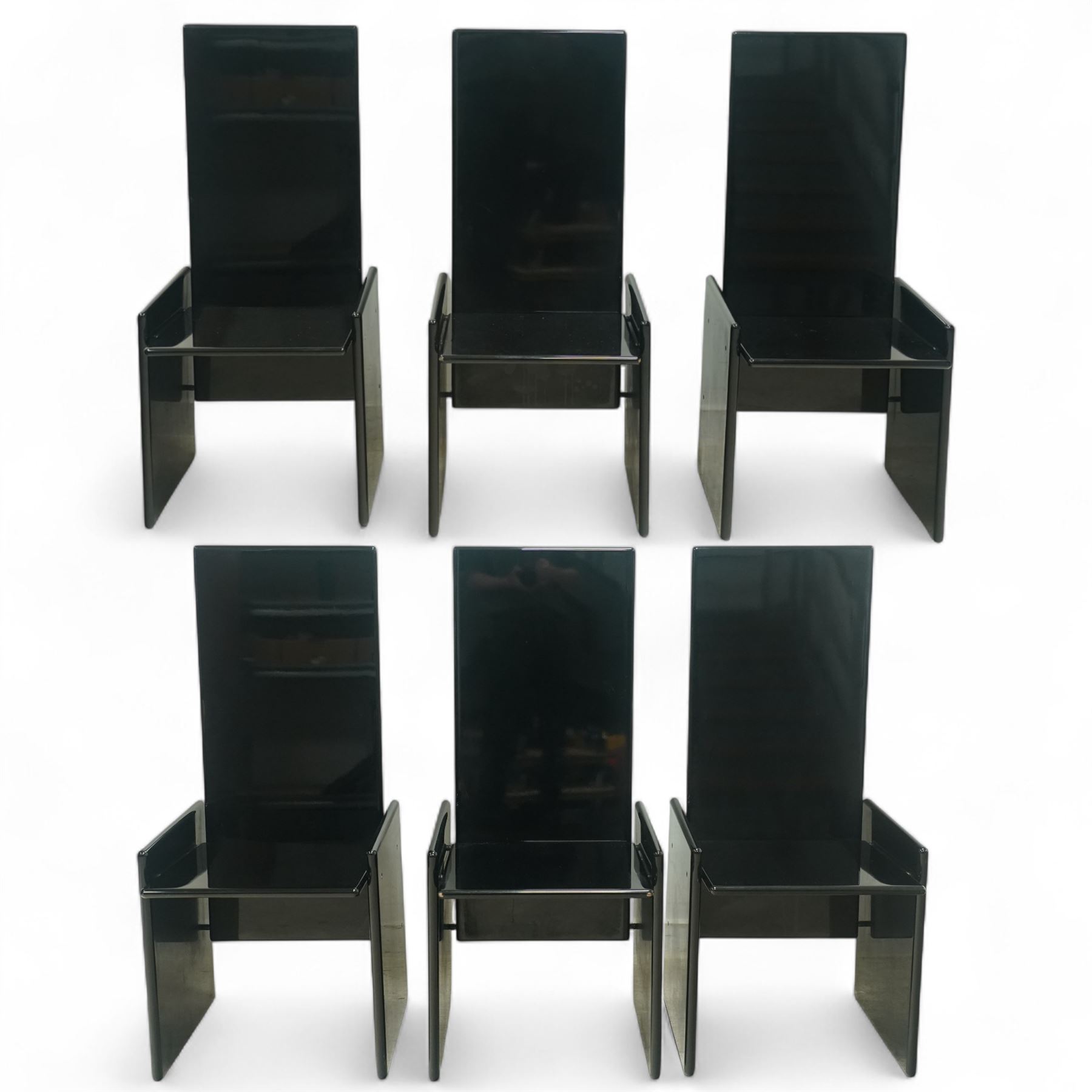 Kazuhide Takahama for Simon Gavina - set of six 1970's Italian designer black lacquered 'Kazuki' dining chairs, high slanted back over rectangular seats and broad panelled side supports, labelled to underside