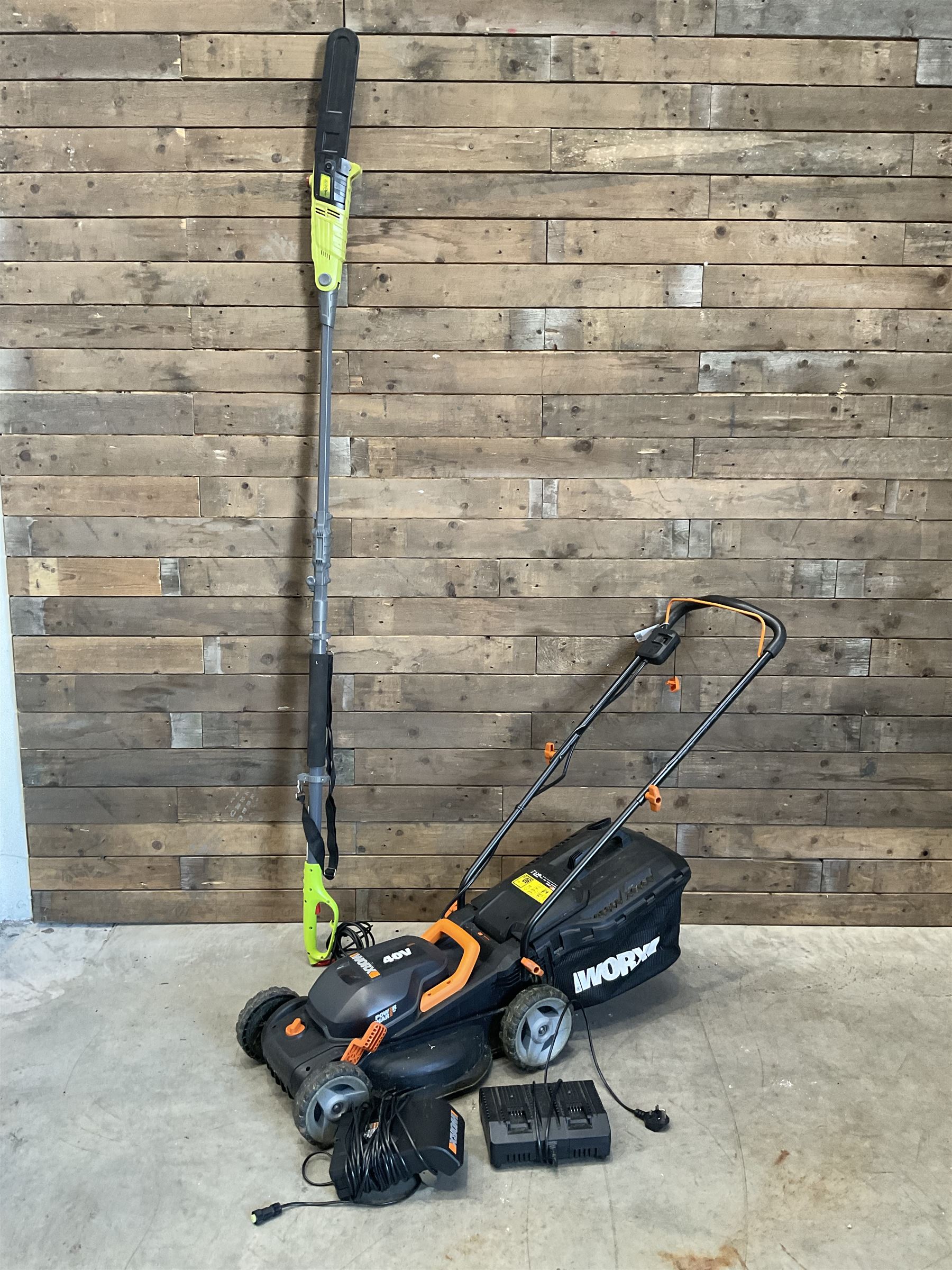 Workx electric lawnmower with two batteries, charger and dock, Garden Gear telescopic chainsaw, McCulloch chainsaw, another chainsaw, Flymo strimmer, GardenLine vac and a JCB drill
