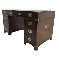 Bevan Funnell Reprodux - Military style mahogany twin pedestal desk, rectangular top with leather inset, fitted with eight drawers, on bracket feet