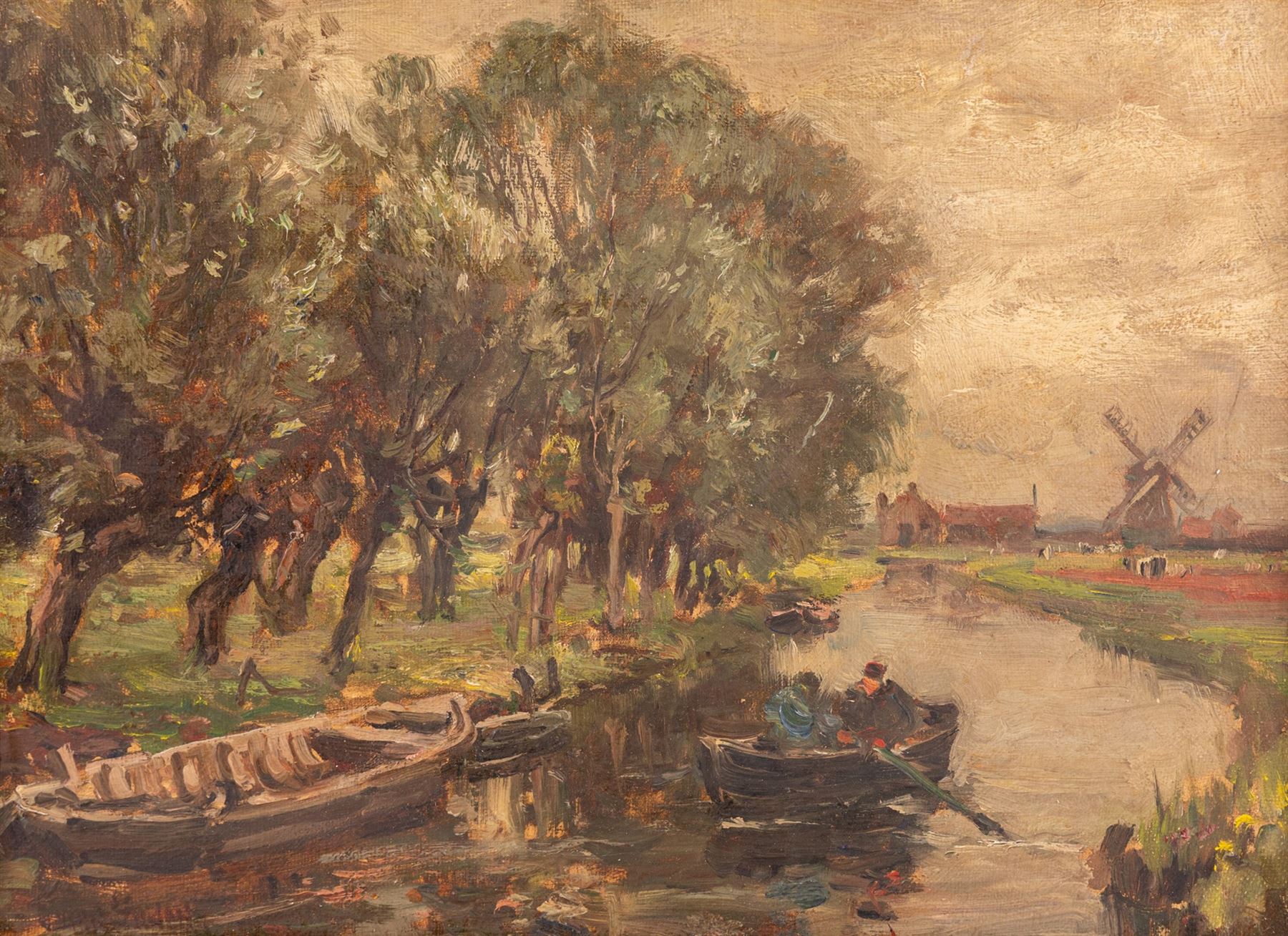 Owen Bowen (Staithes Group 1873-1967): Rowing on a Dutch Waterway, oil on canvas signed 26cm x 36cm