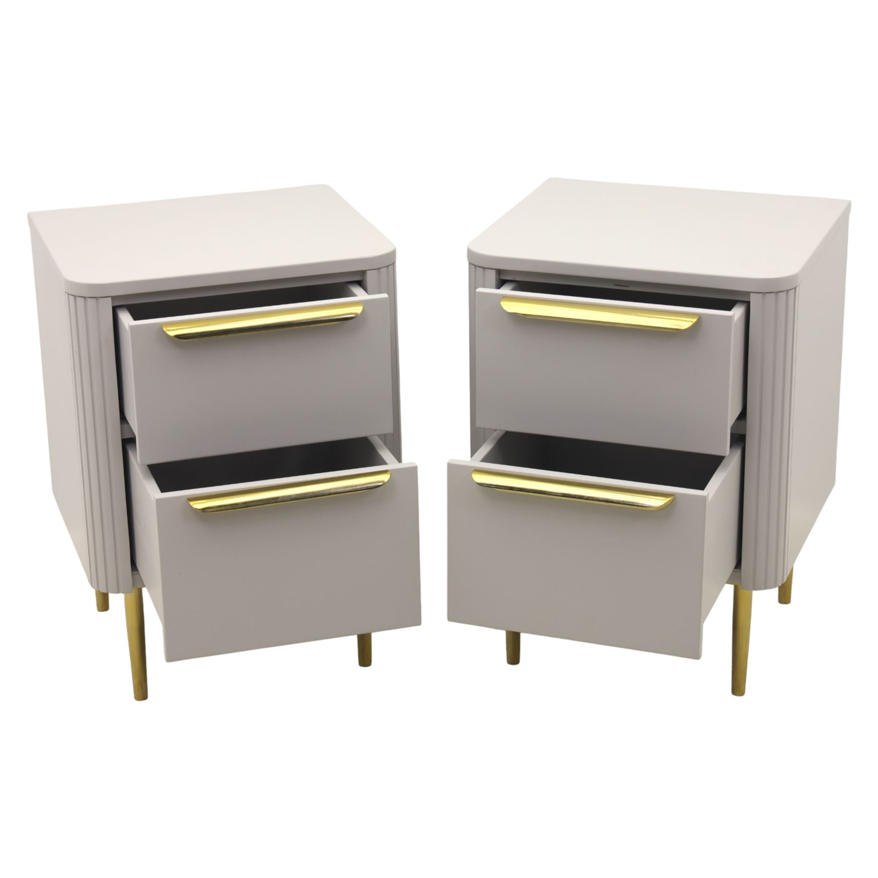 Made.com - 'Ebro' pair of grey bedside chests, gold painted metal shaped handles, rounded corners with fluted detail, raised on gold painted metal tapered supports