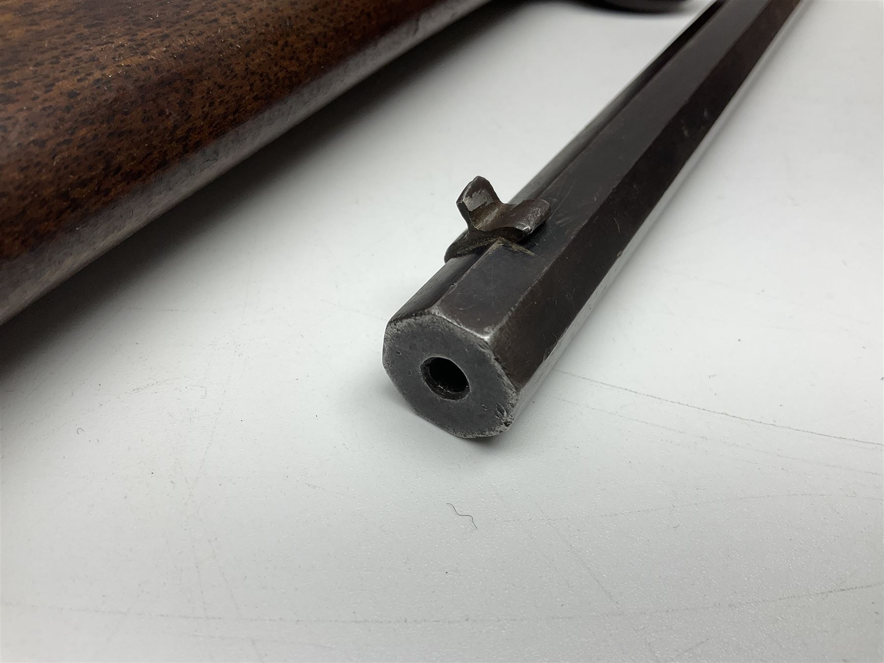 Assorted rifle and pistol spares; early Gem air rifle with sawn off barrel (piece present); telescopic sight; canvas/leather ammunition pouch; Mauser stock; barrel browning solution etc