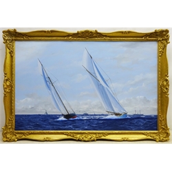 James Miller (British 1962-): America's Cup Series the 8th Challenge 1893 'Valkyrie II' & 'Vigilant', oil on canvas signed, titled verso 44cm x 70cm
