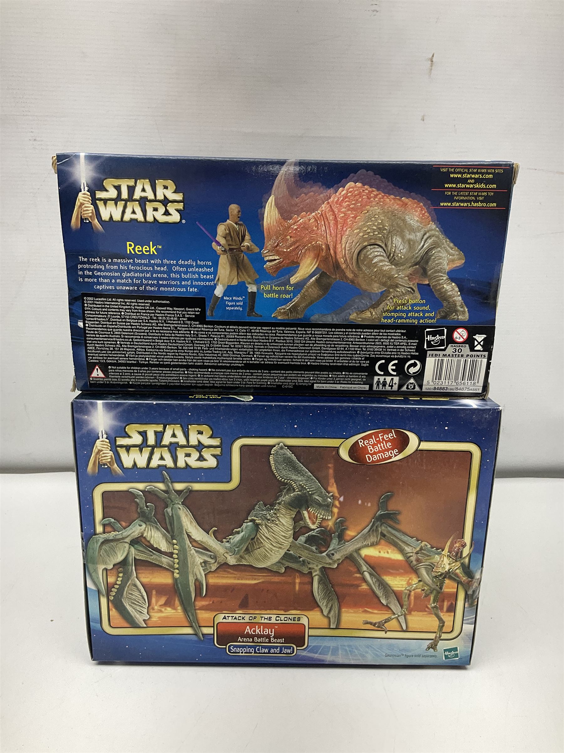 Star wars - Attack of the Clones - Jango Fett Slave 1; Obi-Wan Kenobi's Jedi Starfighter; Reek Arena Battle Beast; Acklay Arena Battle Beast; two x Anakin Skywalker Speeder; and Zam Wesell Speeder; all in sealed boxes (7)