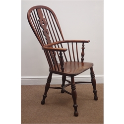  19th century elm high back double bow Windsor armchair, crinoline stretcher, turned supports  