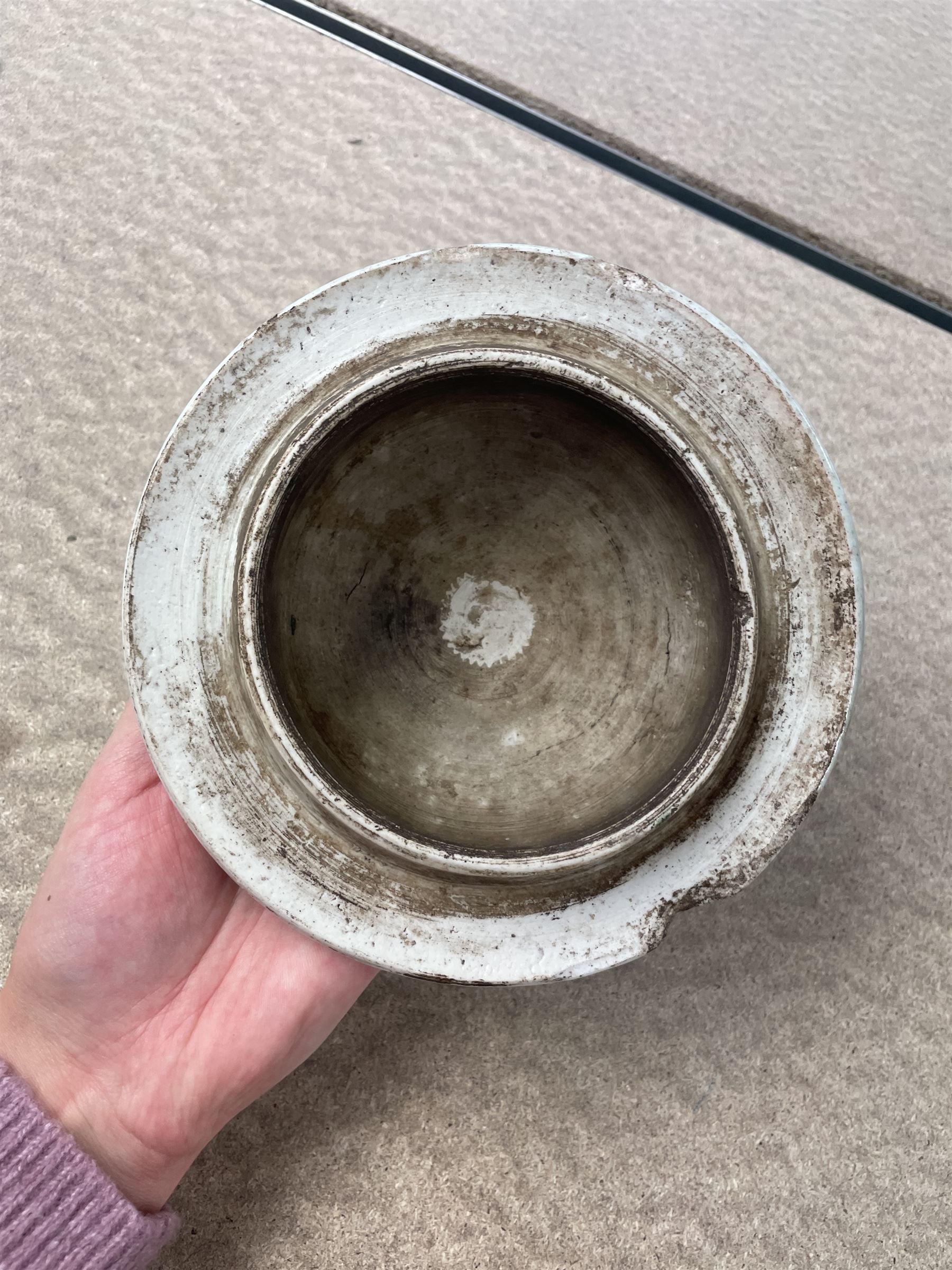 17th century Transitional period Chinese Wucai vase and cover, of baluster form, the body painted with ladies upon a terrace, and figures upon horseback and attendants within a fenced garden, the domed cover with knop finial painted with boys at play, H37cm
